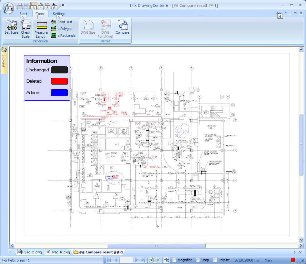 Differences between two drawings highlighted in Trix software